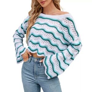 Gilli Crew Neck Striped Hollow Out Open Knit Flare Sleeve Cropped Sweater